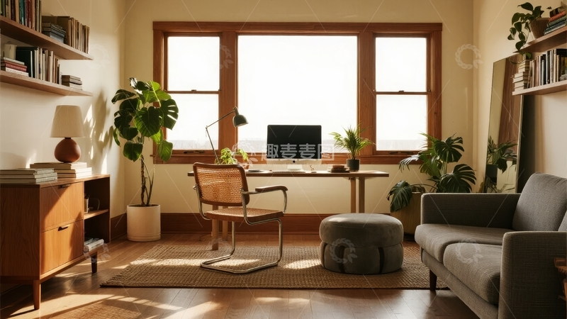 高清大图下载【趣麦麦图】明亮阳光下的现代简约书房角落