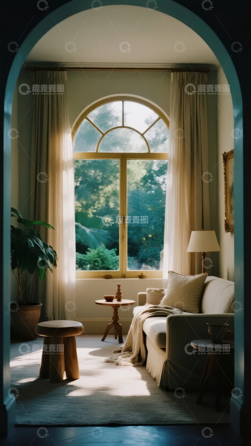 高清大图下载【趣麦麦图】拱形窗边的温馨客厅阳光明媚绿树成荫