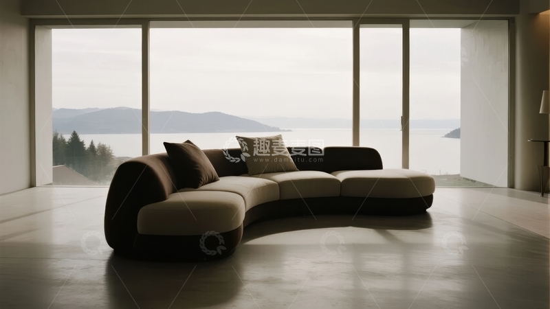 高清大图下载【趣麦麦图】现代客厅弧形沙发搭配大面积落地窗景观