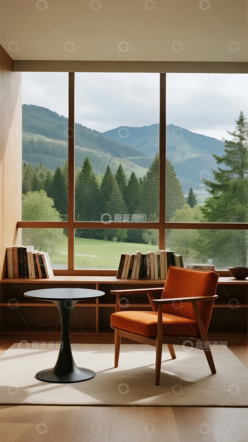 高清大图下载【趣麦麦图】室内视角窗外山林美景与舒适座椅书架