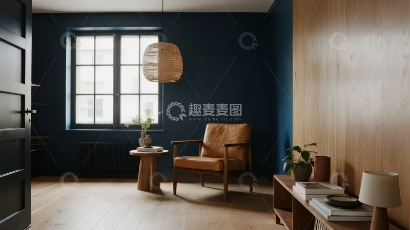 高清大图下载【趣麦麦图】现代简约风格室内空间深蓝色墙面搭配木质家具