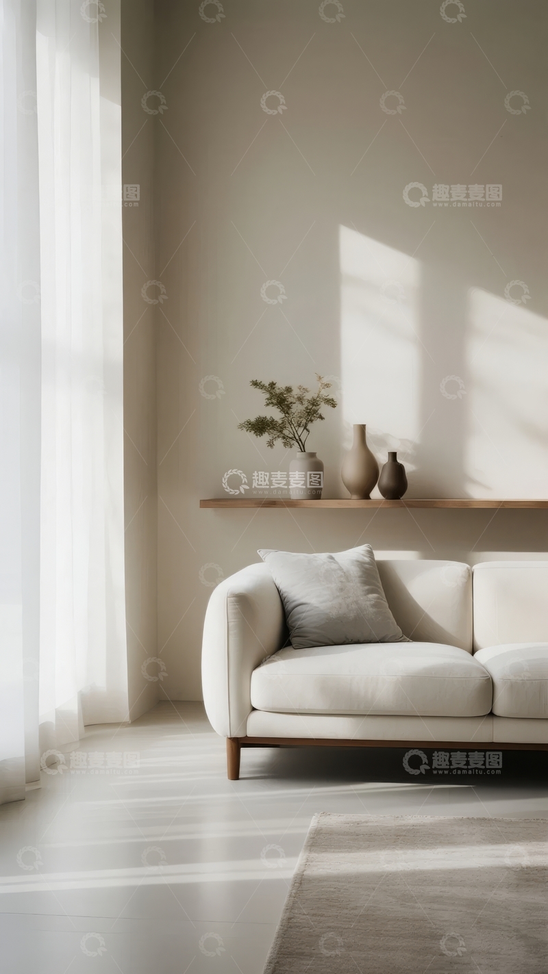 高清大图下载【趣麦麦图】简约风格客厅内白色沙发搭配木质搁板和绿植