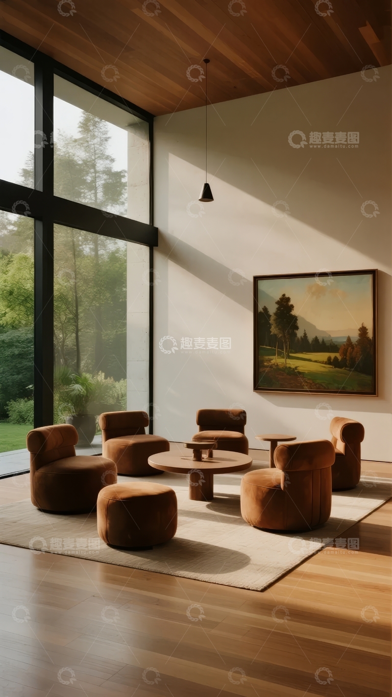 高清大图下载【趣麦麦图】现代客厅内大面积窗户与艺术画作相映成趣