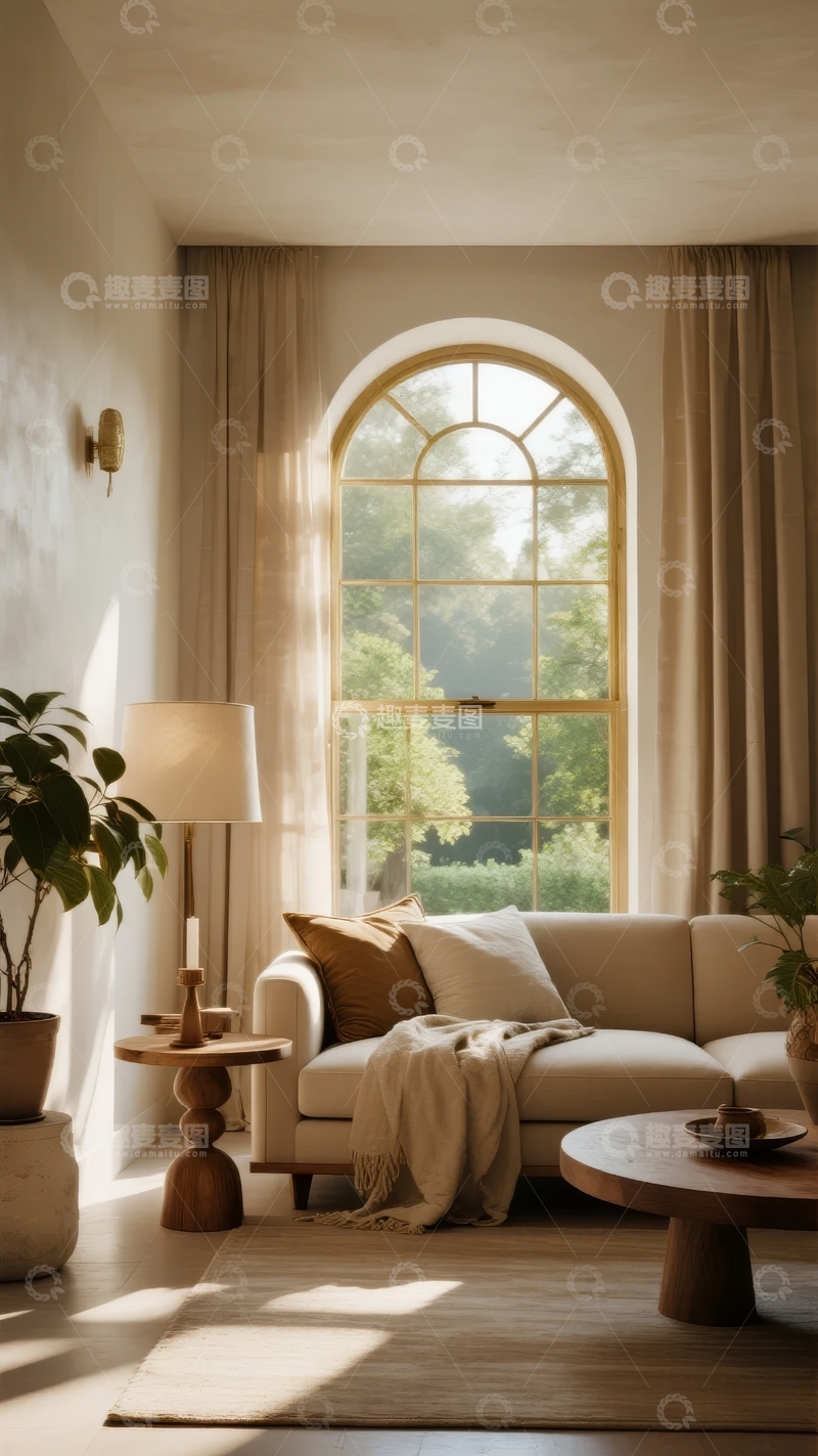 高清大图下载【趣麦麦图】温馨客厅一角阳光透过拱形窗户洒入
