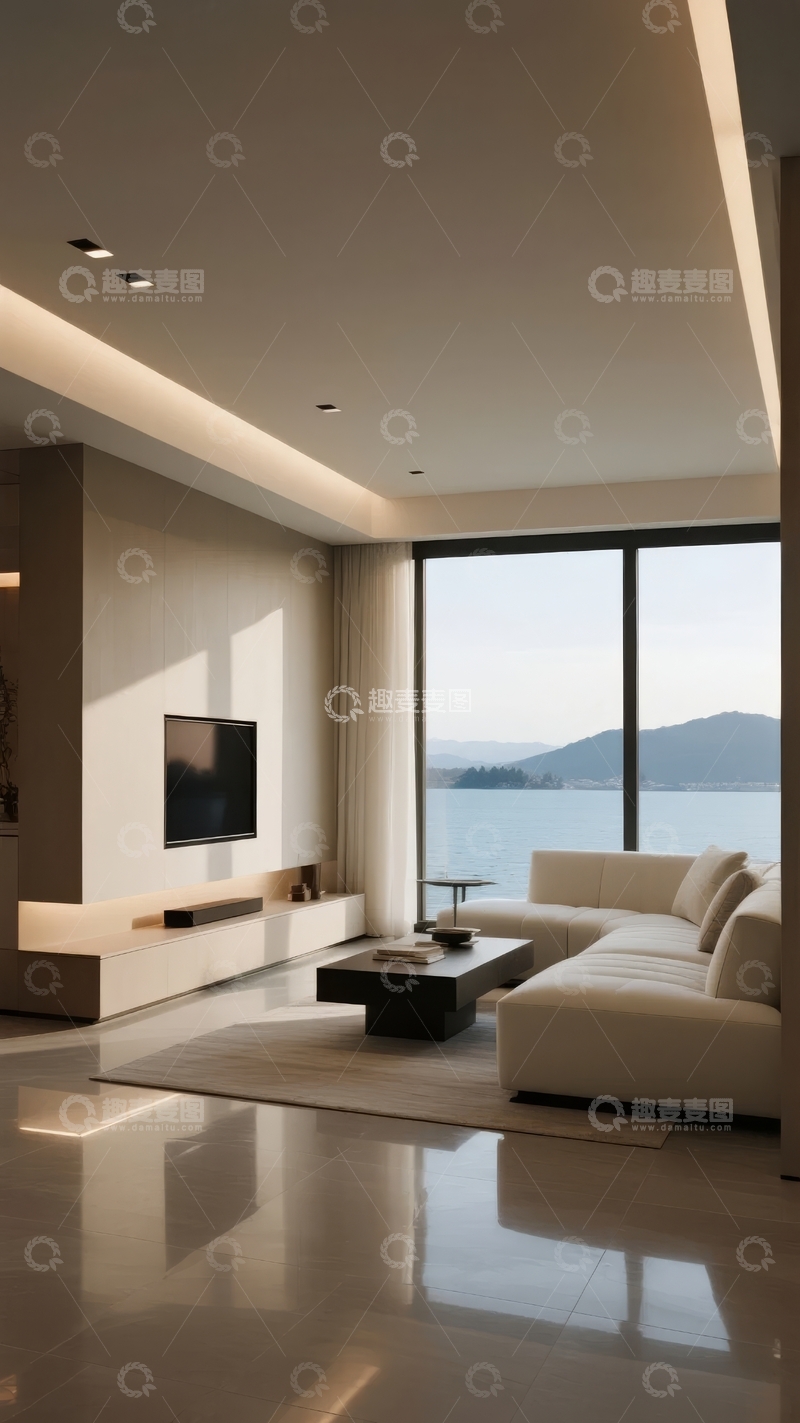 高清大图下载【趣麦麦图】现代简约客厅设计拥有大面积落地窗和湖景视野