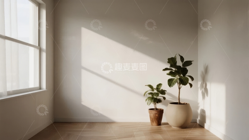 高清大图下载【趣麦麦图】阳光洒在简约室内角落的绿植与木质地板上