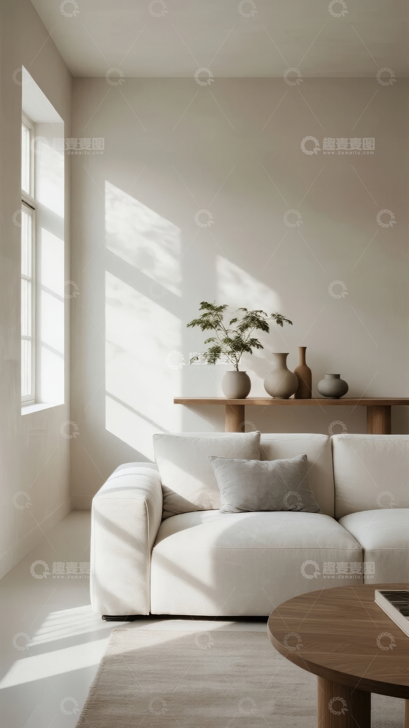高清大图下载【趣麦麦图】简约风格客厅阳光洒落沙发旁绿植点缀