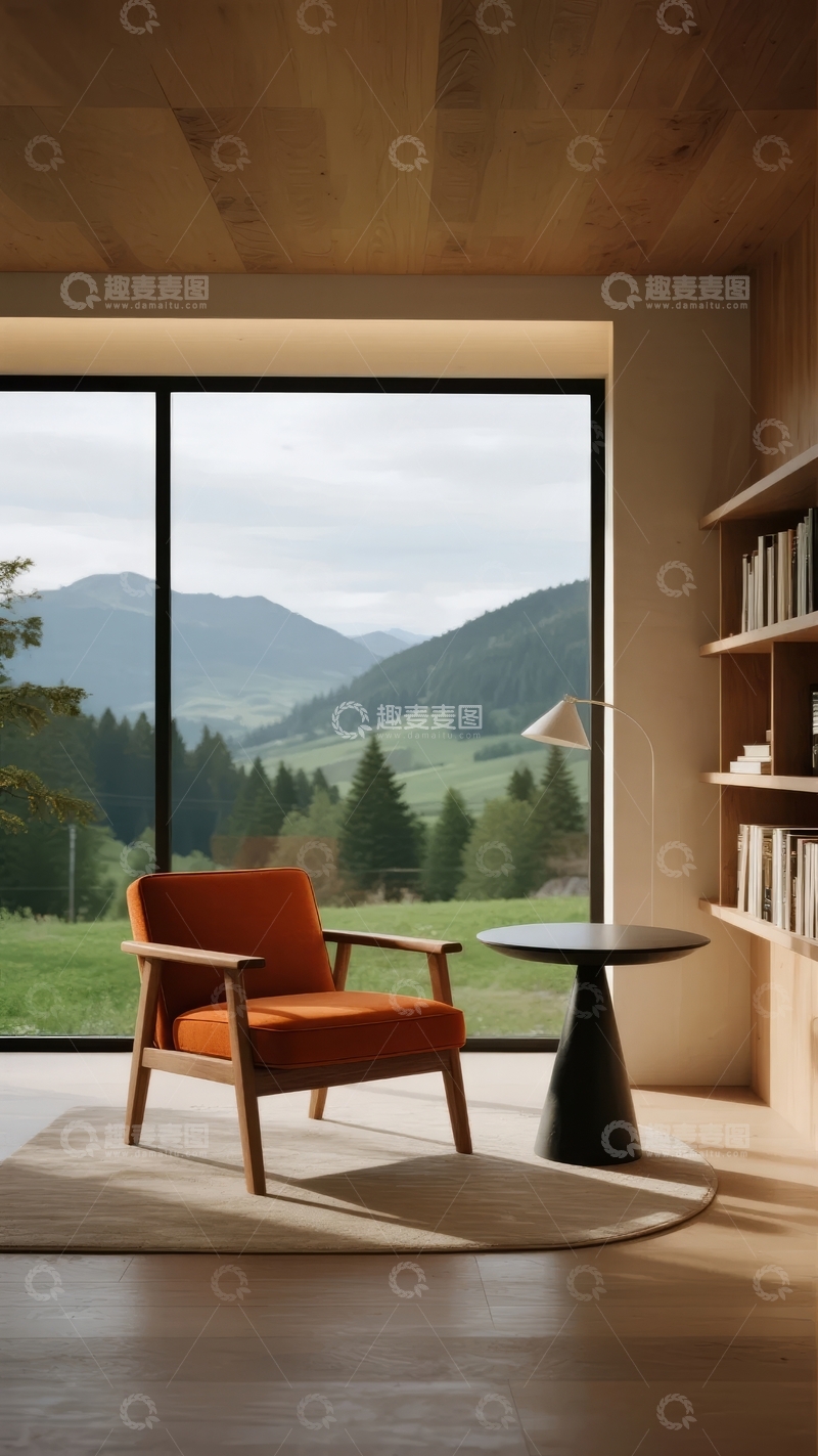 高清大图下载【趣麦麦图】现代室内景观椅与窗外山景
