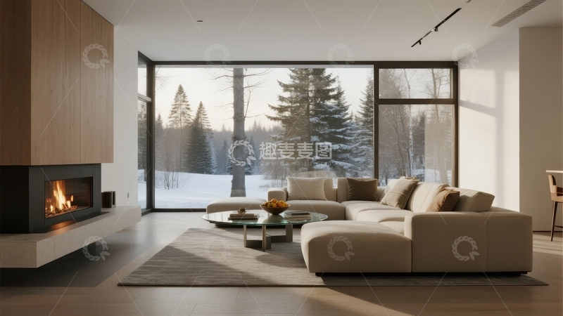 高清大图下载【趣麦麦图】现代客厅窗外雪景与温暖壁炉