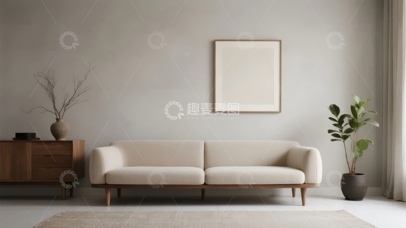 高清大图下载【趣麦麦图】简约现代客厅沙发墙挂画与绿植装饰