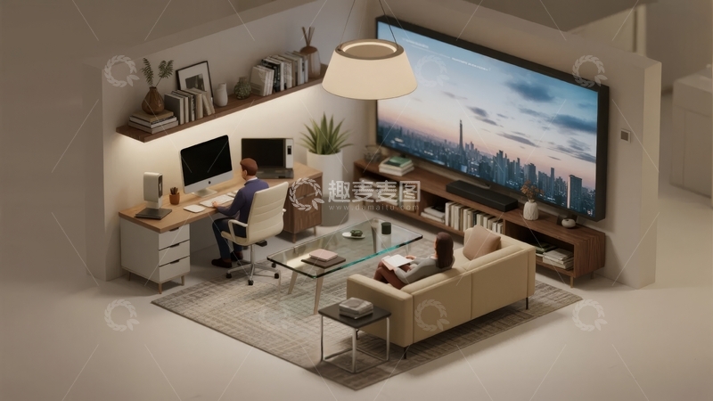 高清大图下载【趣麦麦图】现代客厅与办公区结合的室内设计