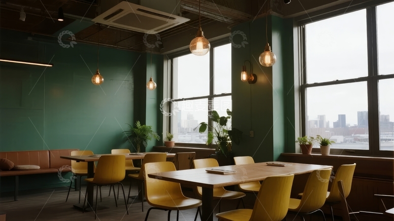 高清大图下载【趣麦麦图】现代餐厅室内设计靠窗摆放黄色桌椅