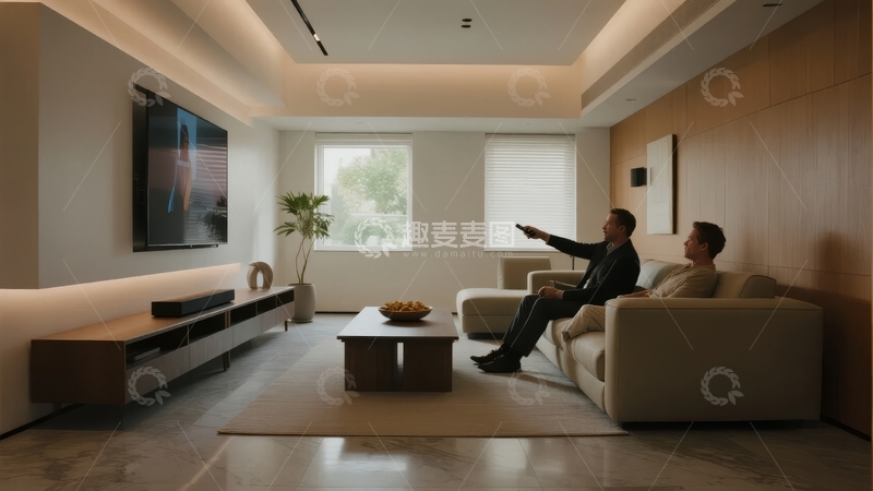 高清大图下载【趣麦麦图】现代客厅中两人观看电视的温馨场景