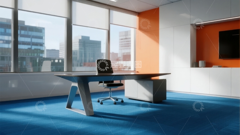 高清大图下载【趣麦麦图】现代办公室内景配备蓝色地毯和大窗户