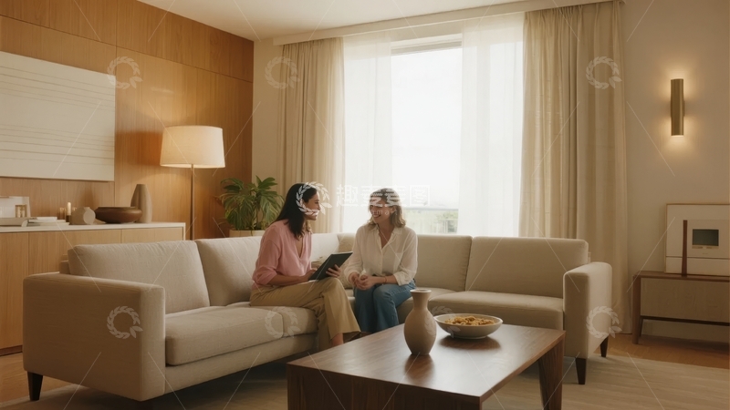 高清大图下载【趣麦麦图】现代客厅中两位女性在沙发上交谈