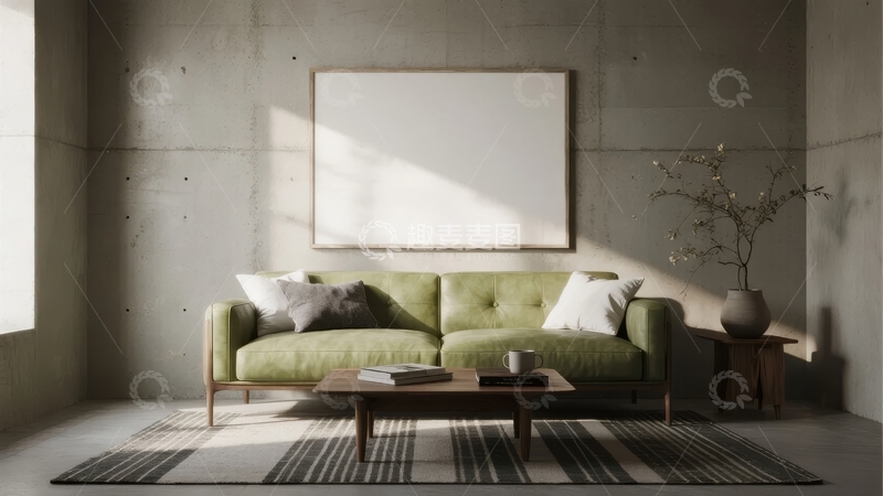 高清大图下载【趣麦麦图】现代简约客厅摆放绿色沙发与装饰画