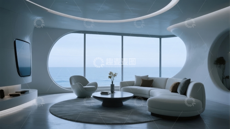 高清大图下载【趣麦麦图】现代简约风格客厅拥有大面积圆形窗户和弧形沙发