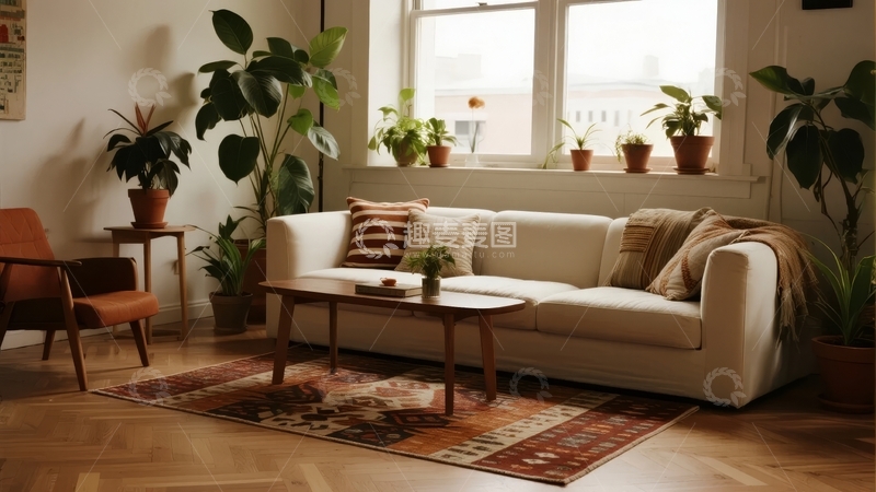 高清大图下载【趣麦麦图】温馨客厅摆放着白色沙发和多盆绿植
