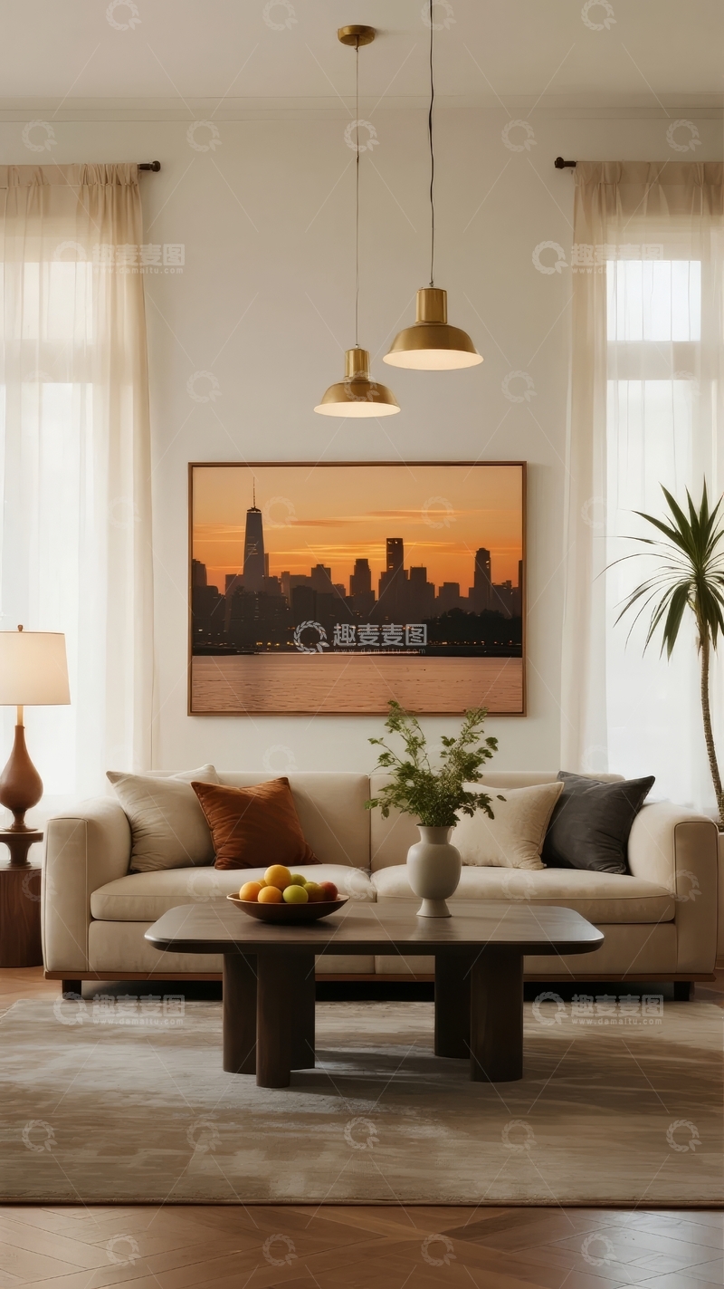 高清大图下载【趣麦麦图】现代客厅装饰以城市日落画和简约家具