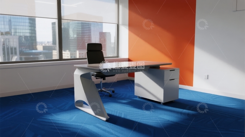 高清大图下载【趣麦麦图】现代办公室内蓝色地毯与大窗户的简洁办公桌椅