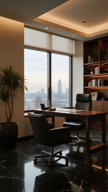 现代办公室内景配备大窗户和城市景观