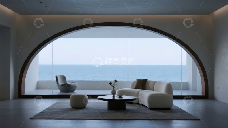 高清大图下载【趣麦麦图】现代简约客厅弧形窗景海景