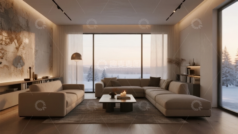 高清大图下载【趣麦麦图】现代简约客厅设计窗外雪景