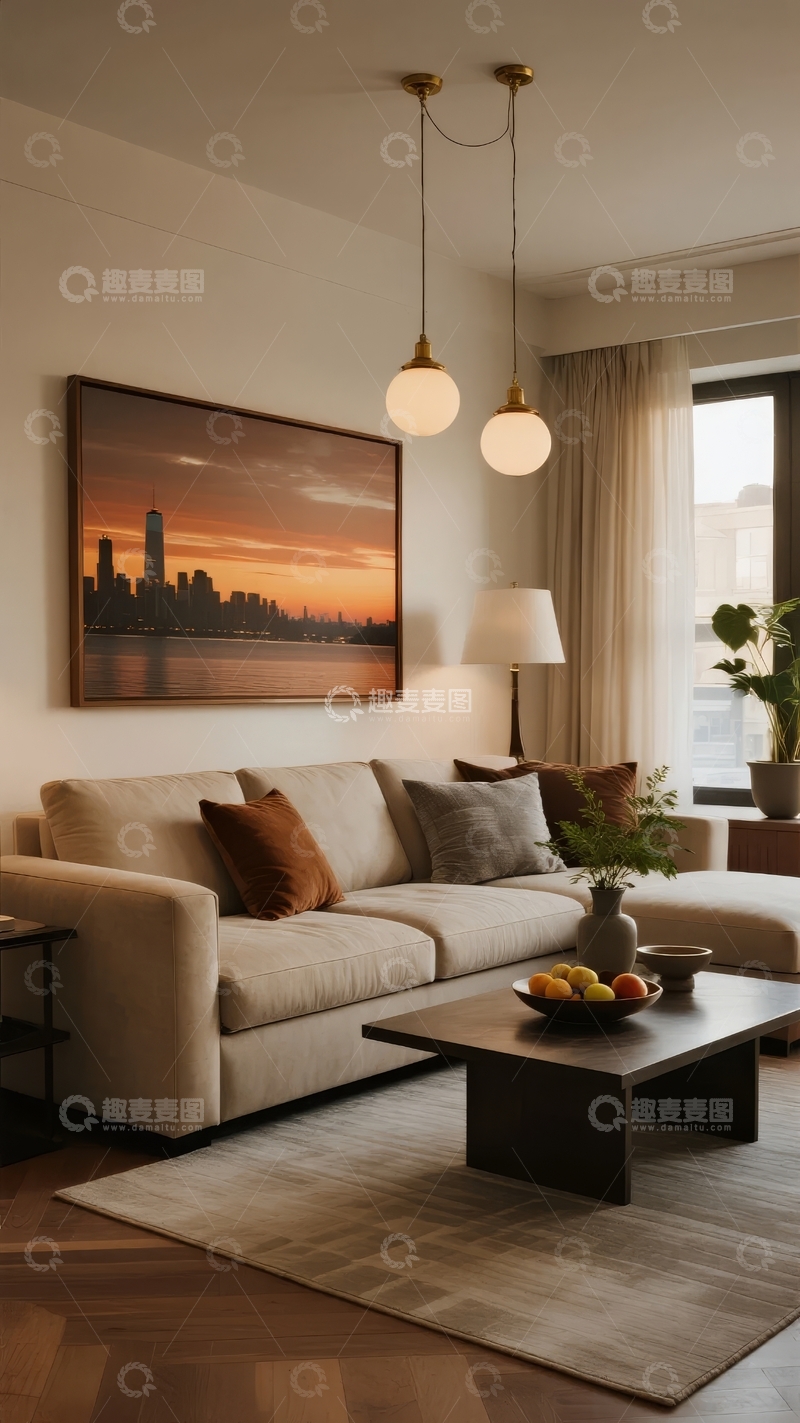 高清大图下载【趣麦麦图】现代客厅装饰以城市日落画和简约吊灯