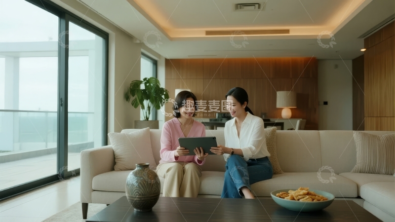 高清大图下载【趣麦麦图】两位女性在现代客厅沙发上使用平板电脑