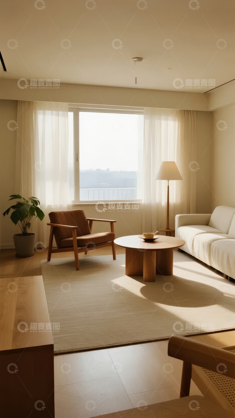 高清大图下载【趣麦麦图】明亮客厅内摆放着简约家具和绿植