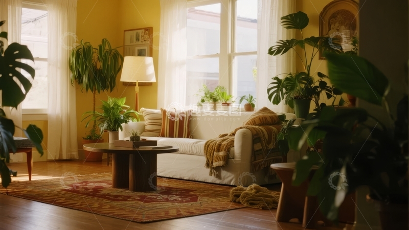 高清大图下载【趣麦麦图】温馨客厅摆放多盆绿植营造自然舒适氛围