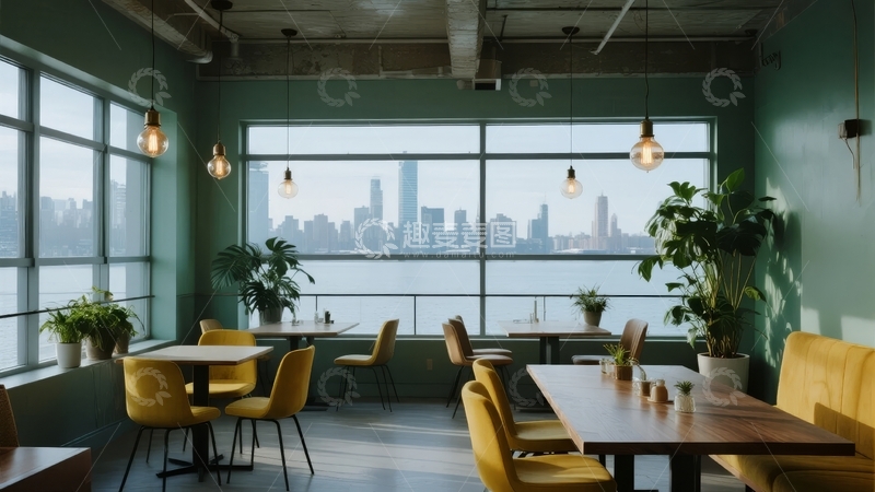 高清大图下载【趣麦麦图】现代室内餐厅视角窗外城市天际线