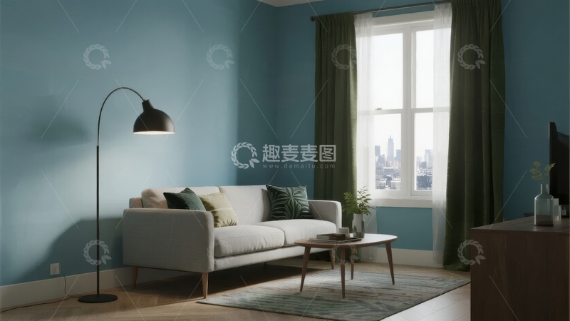高清大图下载【趣麦麦图】蓝色墙面客厅摆放沙发落地灯与窗外城市景观
