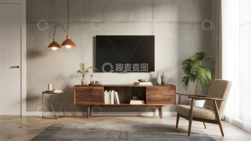 高清大图下载【趣麦麦图】现代简约客厅电视柜沙发绿植装饰