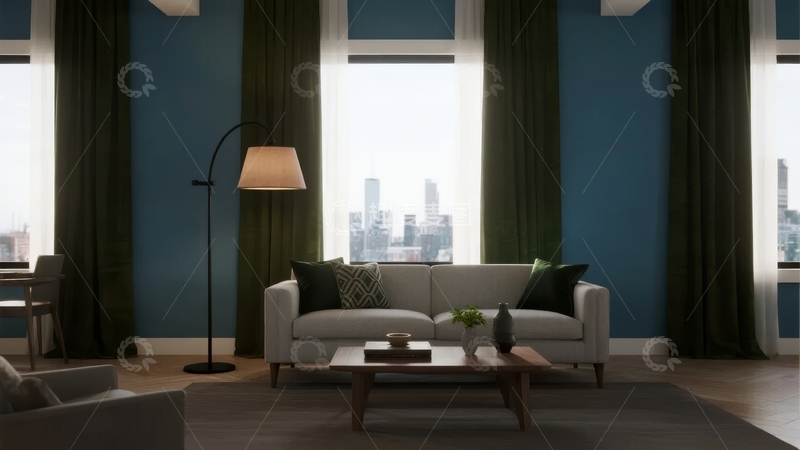 高清大图下载【趣麦麦图】现代客厅蓝色墙面落地窗设计