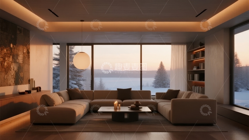 高清大图下载【趣麦麦图】-现代客厅景观窗边沙发休息区