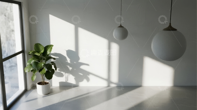 高清大图下载【趣麦麦图】室内阳光照射下的绿植与球形吊灯