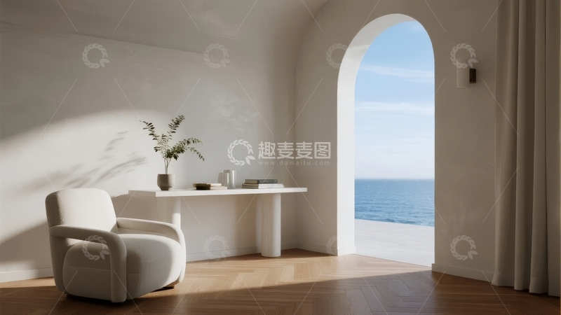 高清大图下载【趣麦麦图】简约室内空间临窗而设白色扶手椅与书桌