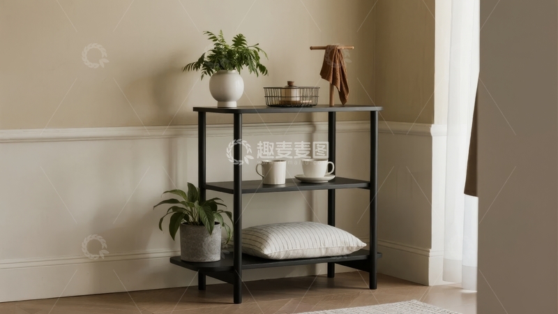 高清大图下载【趣麦麦图】简约风格室内角落摆放着绿植与茶具的置物架