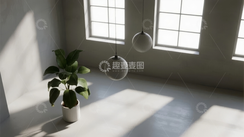 高清大图下载【趣麦麦图】明亮室内角落阳光洒落绿植与吊灯相伴