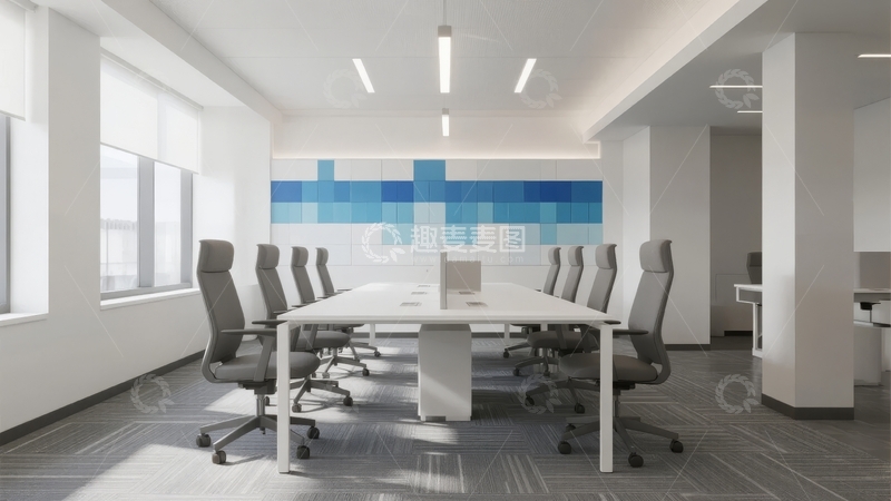 现代办公室会议室配备长桌和蓝色像素墙