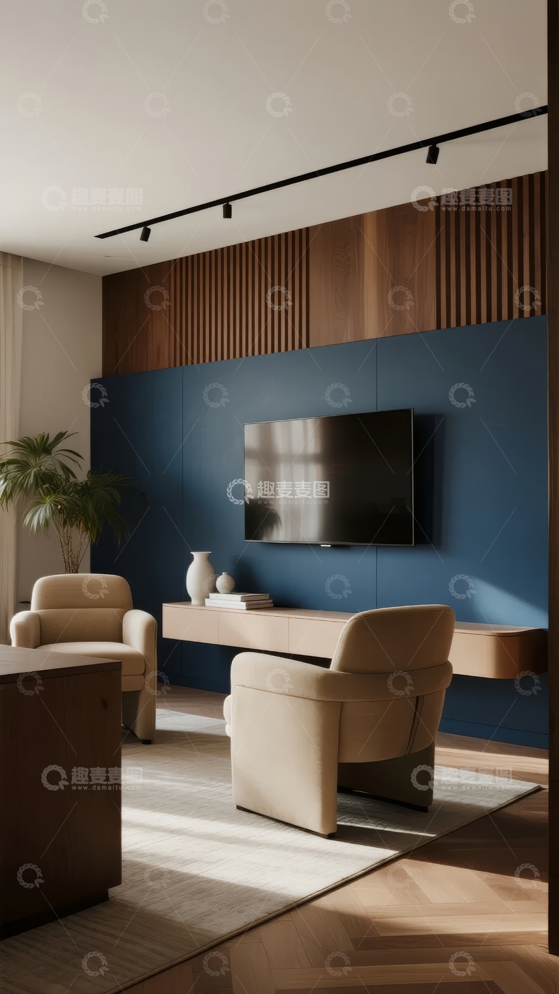 高清大图下载【趣麦麦图】现代简约客厅设计蓝色墙面与木质装饰结合
