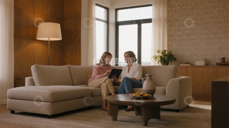 高清大图下载【趣麦麦图】两位女性在现代客厅沙发上使用平板电脑交谈