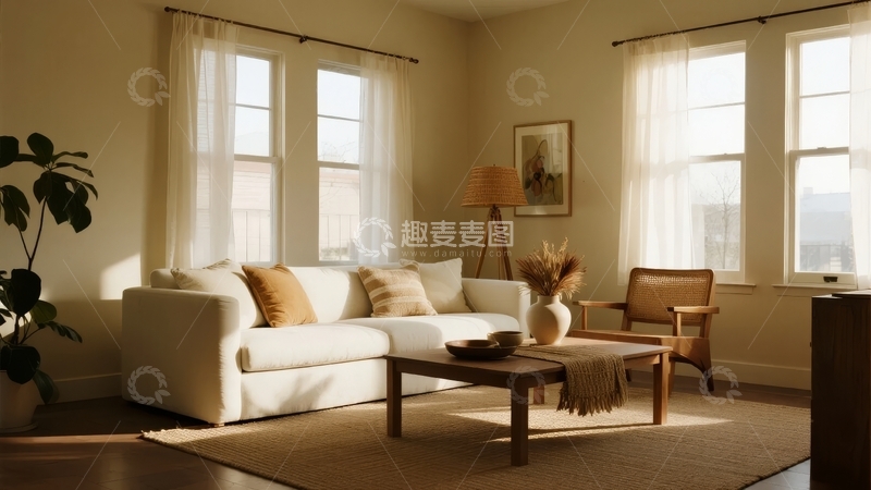 高清大图下载【趣麦麦图】明亮客厅内摆放着白色沙发和木质家具