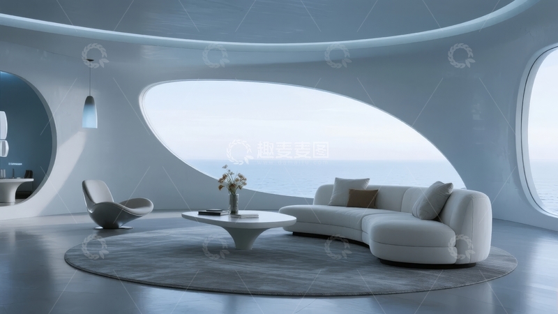 高清大图下载【趣麦麦图】现代简约风格客厅设计拥有大面积弧形窗户可欣赏海景