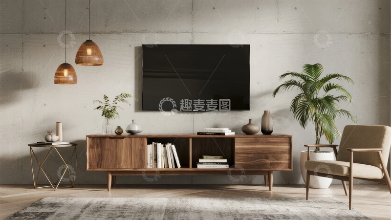 高清大图下载【趣麦麦图】现代简约客厅电视柜与装饰植物