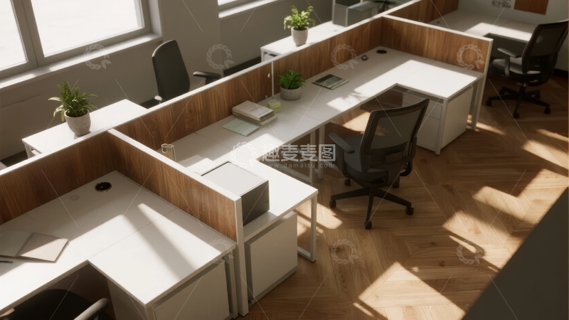 高清大图下载【趣麦麦图】现代办公室开放式工位布局阳光照射场景