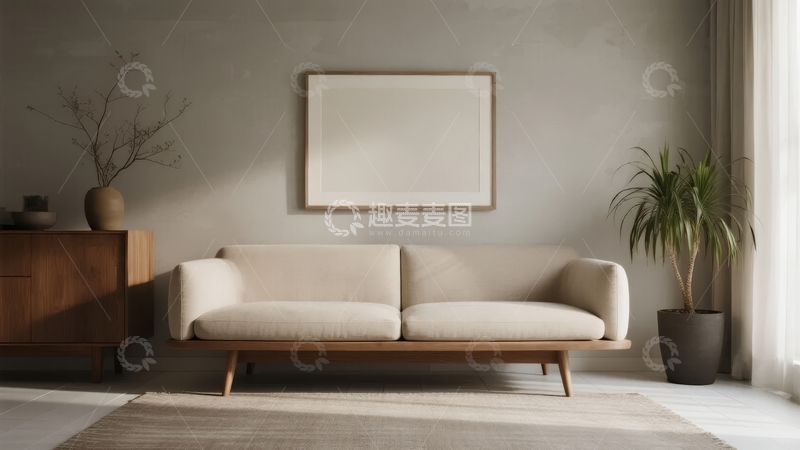 高清大图下载【趣麦麦图】简约现代客厅沙发墙挂画绿植装饰