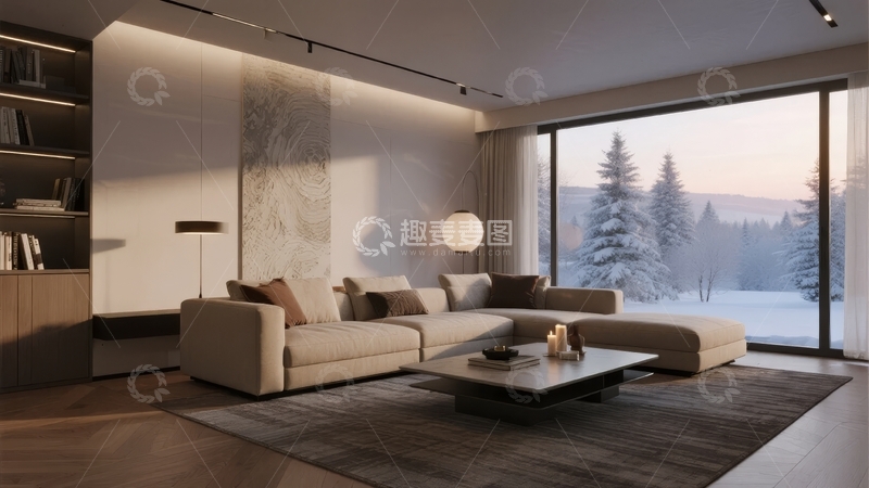 高清大图下载【趣麦麦图】现代客厅设计窗外雪景
