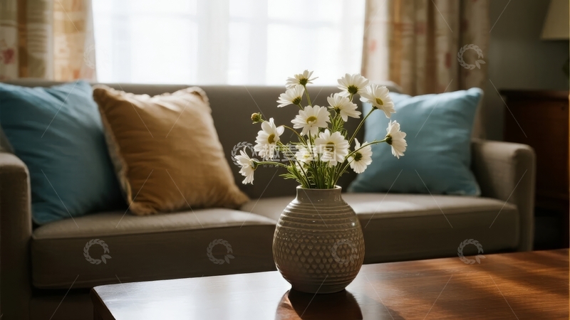 高清大图下载【趣麦麦图】客厅沙发上摆放着插有白色花朵的花瓶